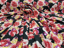 Load image into Gallery viewer, Fabric Sold By The Yard Liverpool Pink Blush Floral Flowers Black Background Stretch Knit Liverpool Roses Print  Dress Stretch Textured
