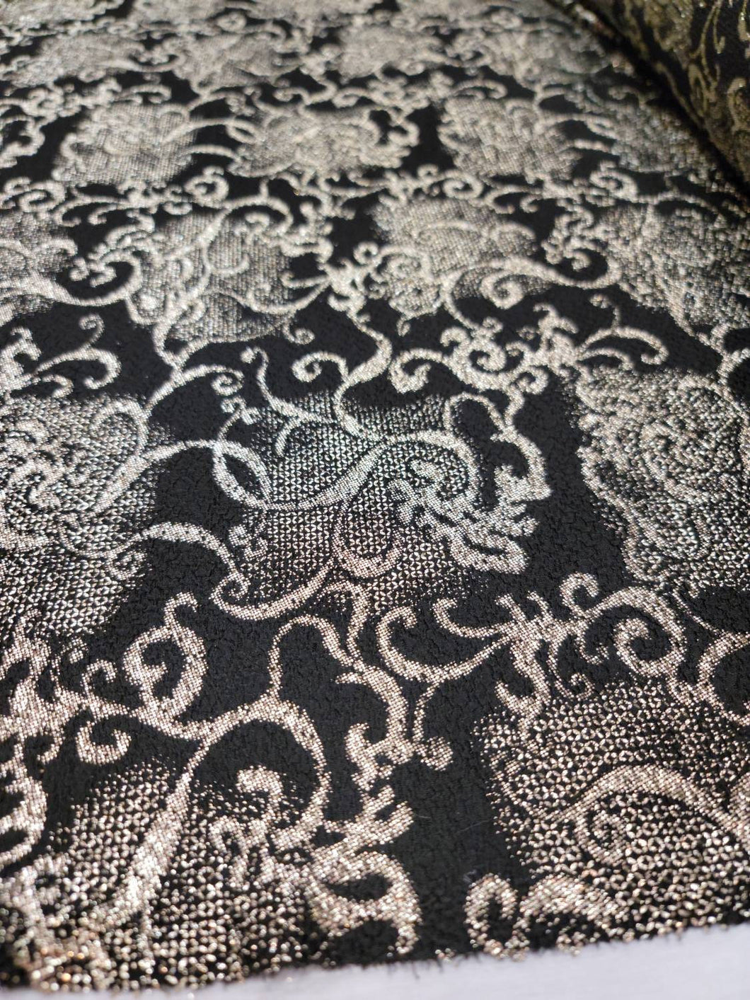 Fabric Sold By The Yard Gold Metallic   Ikat Liverpool Stretch  Black Background Textured Knit Dress Draping Clothing Vintage Fabric Swirls