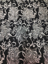 Load image into Gallery viewer, Fabric Sold By The Yard Gold Metallic   Ikat Liverpool Stretch  Black Background Textured Knit Dress Draping Clothing Vintage Fabric Swirls
