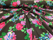 Load image into Gallery viewer, Fabric Sold By The Yard Floral Flowers Multicolor Liverpool Stretch Knit Textured Black Background Pink Lavender Green Flowers Dress Clothin
