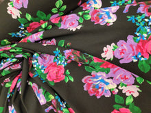 Load image into Gallery viewer, Fabric Sold By The Yard Floral Flowers Multicolor Liverpool Stretch Knit Textured Black Background Pink Lavender Green Flowers Dress Clothin
