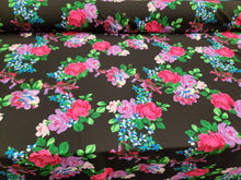 Load image into Gallery viewer, Fabric Sold By The Yard Floral Flowers Multicolor Liverpool Stretch Knit Textured Black Background Pink Lavender Green Flowers Dress Clothin
