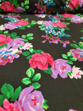 Load image into Gallery viewer, Fabric Sold By The Yard Floral Flowers Multicolor Liverpool Stretch Knit Textured Black Background Pink Lavender Green Flowers Dress Clothin
