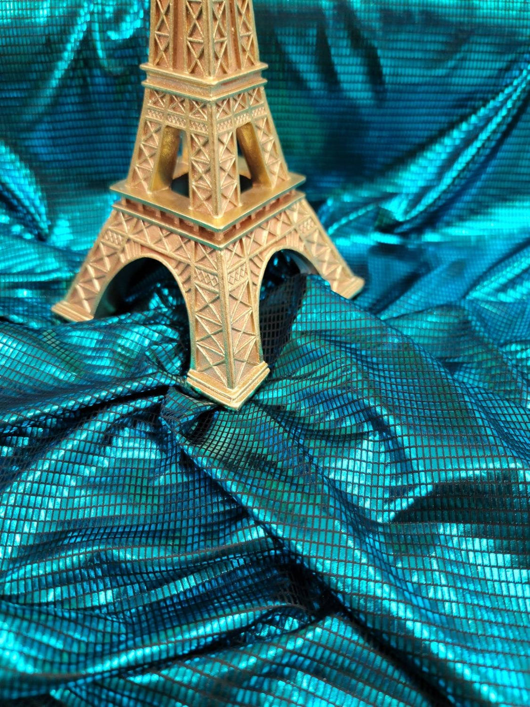 Turquoise Metallic Pleather Nylon Spandex Black Backing Stretch  Fabric Sold by the Yard Draping Decoration Clothing Dancer Geometric Square