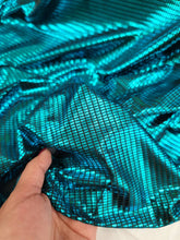 Load image into Gallery viewer, Turquoise Metallic Pleather Nylon Spandex Black Backing Stretch  Fabric Sold by the Yard Draping Decoration Clothing Dancer Geometric Square
