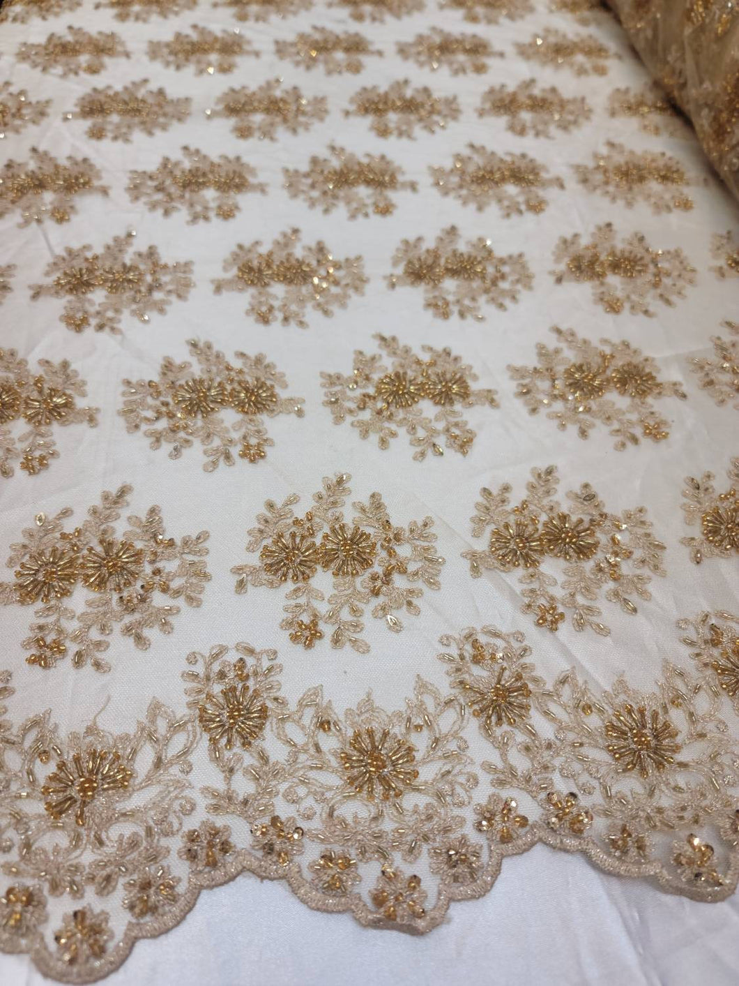 Fabric Sold By The Yard Gold Lace Beads On Mesh Embroidery Sequin Floral Flowers Bridal Evening Dress Fashion Gown Quinceañera Beads Fabric