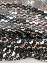 Load image into Gallery viewer, Fabric Sold By The Yard Black Stretch Lycra Spandex Geometric Embroidery Silver Sequin Shine Sparkle Fashion Dress Draping Clothing

