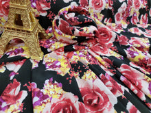 Load image into Gallery viewer, Fabric Sold By The Yard Liverpool Pink Blush Floral Flowers Black Background Stretch Knit Liverpool Roses Print  Dress Stretch Textured
