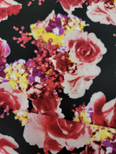 Load image into Gallery viewer, Fabric Sold By The Yard Liverpool Pink Blush Floral Flowers Black Background Stretch Knit Liverpool Roses Print  Dress Stretch Textured
