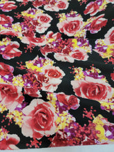 Load image into Gallery viewer, Fabric Sold By The Yard Liverpool Pink Blush Floral Flowers Black Background Stretch Knit Liverpool Roses Print  Dress Stretch Textured
