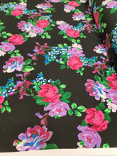 Load image into Gallery viewer, Fabric Sold By The Yard Floral Flowers Multicolor Liverpool Stretch Knit Textured Black Background Pink Lavender Green Flowers Dress Clothin
