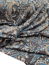 Load image into Gallery viewer, Fabric Sold By The Yard Jersey Knit Teal Gold Black Vintage Pattern Stretch Fashion Dress Draping Clothing Floral Flowers
