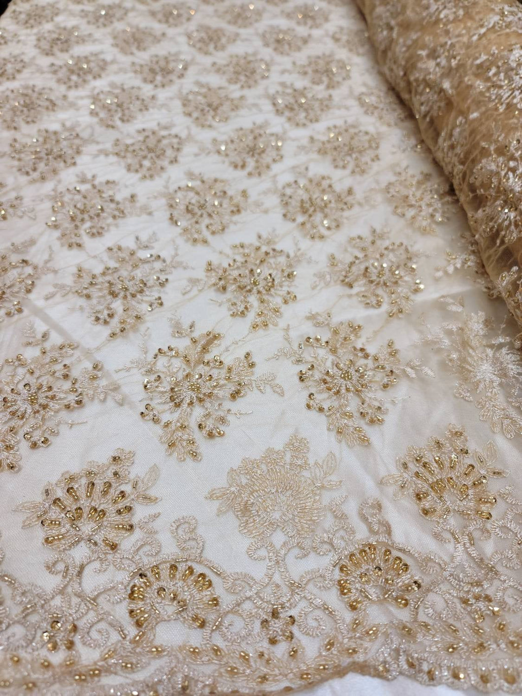 Fabric Sold By The Yard Gold Beaded Lace Embroidery Floral Flowers Sequin On Mesh Bridal Evening Dress Fashion Gown Quinceañera Dress