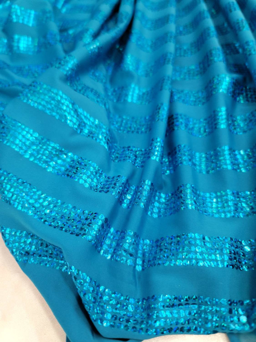 Turquoise 4 Way Stretch Striped Iridescent Sequin Shine Luxurious Draping Decoration Clothing Party Lycra Spandex Fabric Sold by the Yard