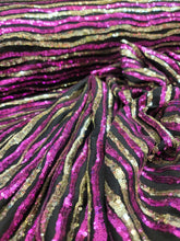 Load image into Gallery viewer, Fabric By The Yard Gold and Fuchsia Sequin Embroidered On Black Stretch Spandex Fashion Fabric Fir Dress Draping Clothing Decoration
