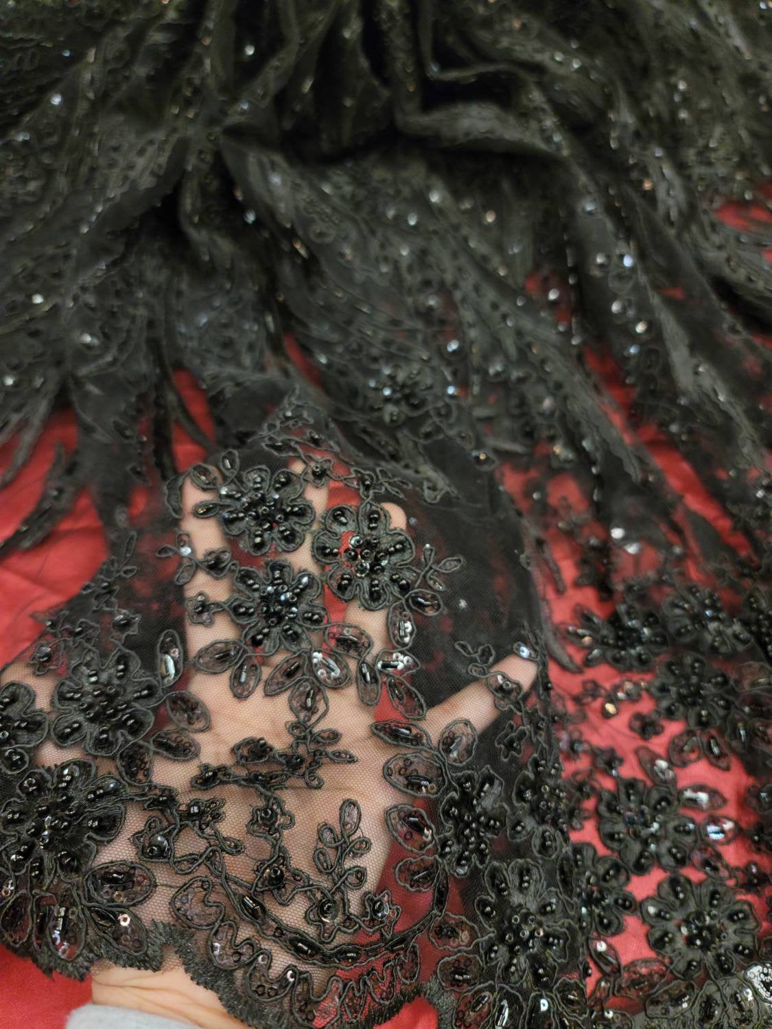 Black Sequin Bead Fabric, Red Black Sequin Fabric