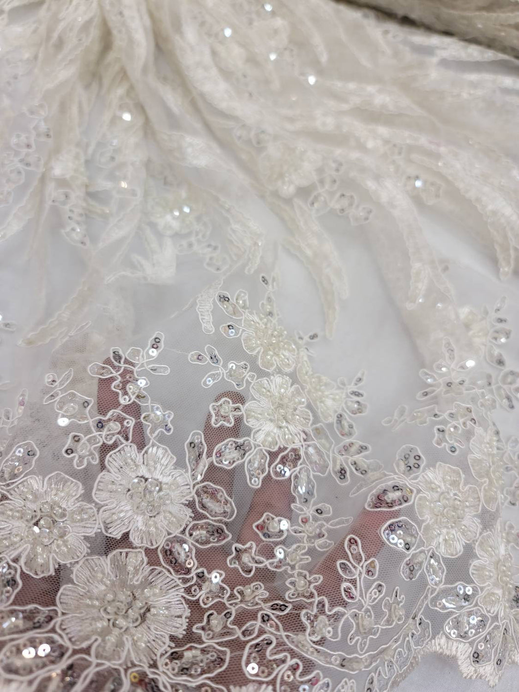 Fabric Sold By The Yard Ivory Bridal Lace Silver Sequin Floral Flowers Embroidery On Mesh Wedding Gown Baptism First Communion Dress