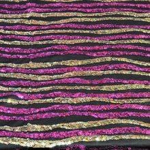 Load image into Gallery viewer, Fabric By The Yard Gold and Fuchsia Sequin Embroidered On Black Stretch Spandex Fashion Fabric Fir Dress Draping Clothing Decoration
