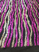 Load image into Gallery viewer, Fabric By The Yard Gold and Fuchsia Sequin Embroidered On Black Stretch Spandex Fashion Fabric Fir Dress Draping Clothing Decoration
