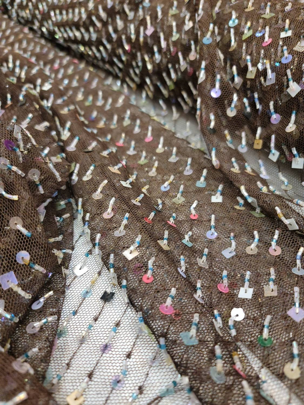 Fabric Sold By The Yard Multicolor Sequin Embroidery On Brown Mesh Stretch Fashion Dress Clothing 45