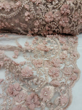 Load image into Gallery viewer, Fabric Sold By The Yard Dusty Rose Beaded Lace 3d Chiffon Floral Flowers Embroidery Fashion Prom Bridal Evening Dress Quinceañera Gown
