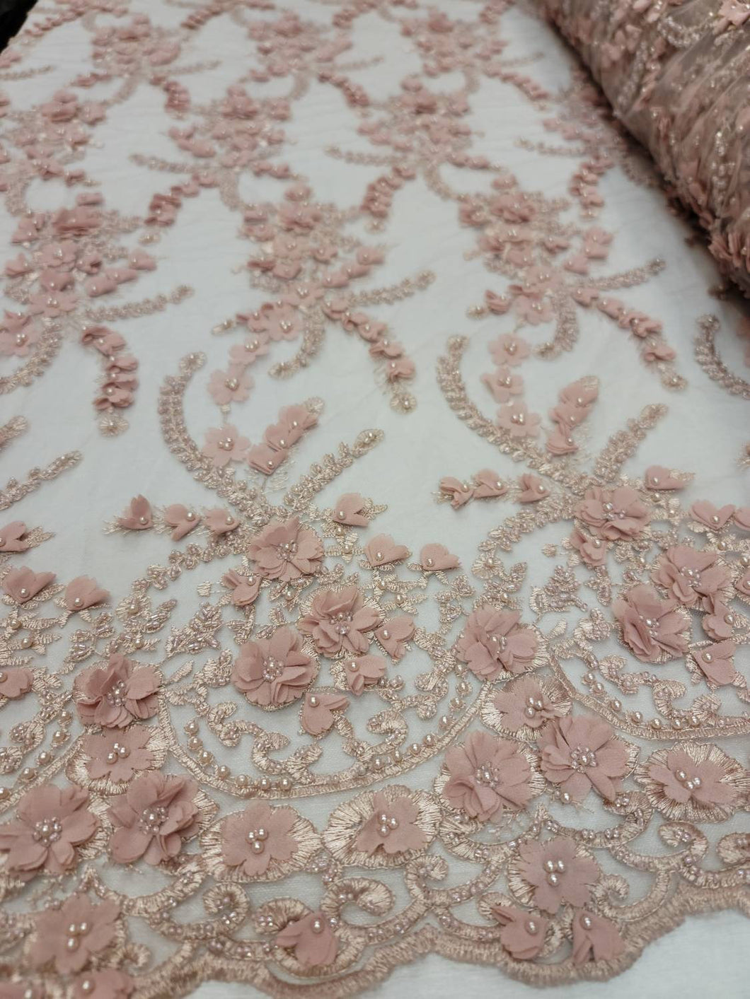 Fabric Sold By The Yard Dusty Rose Beaded Lace 3d Chiffon Floral Flowers Embroidery Fashion Prom Bridal Evening Dress Quinceañera Gown