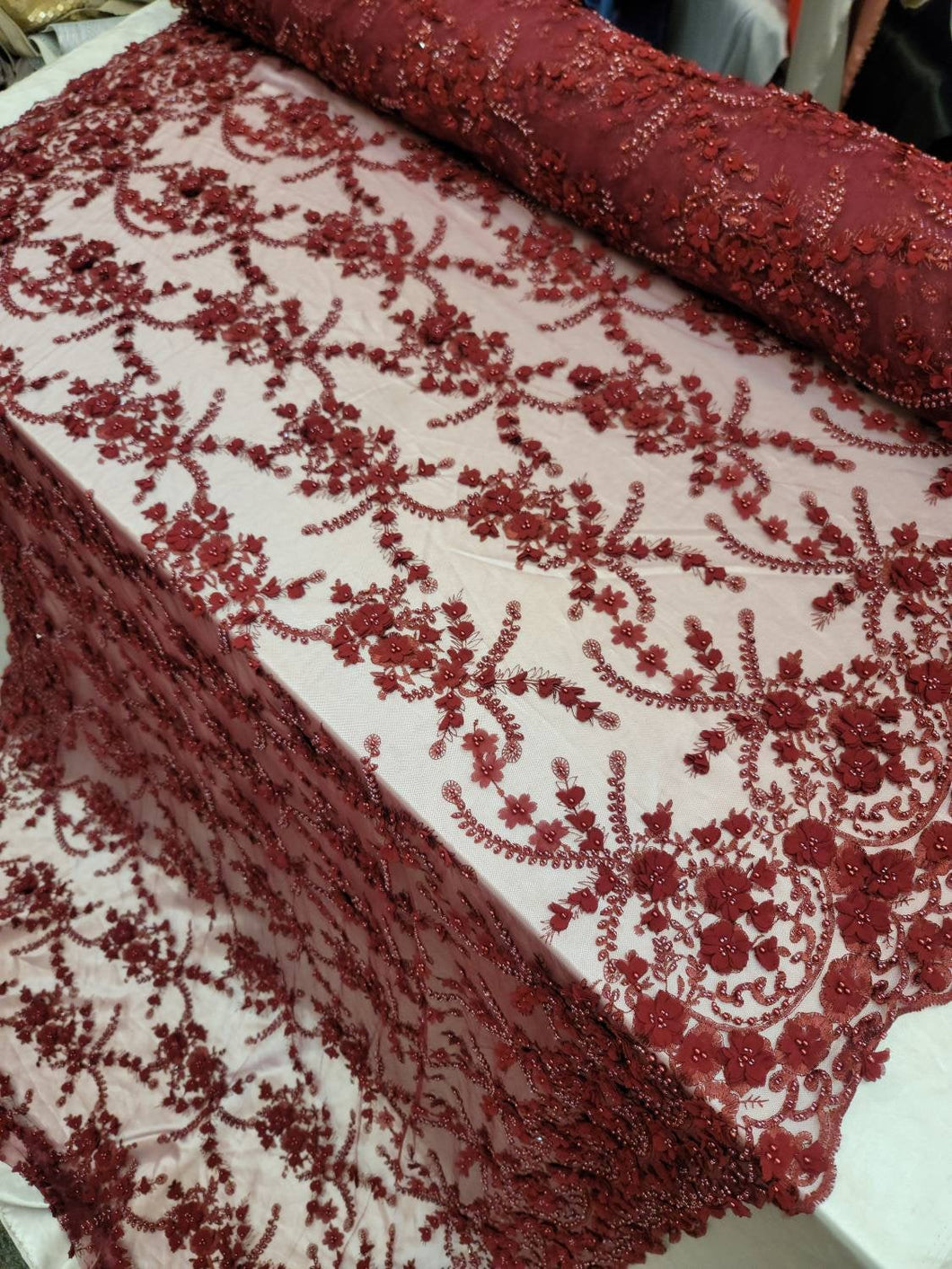 Fabric By The Yard Burgundy Beaded Lace 3d Chiffon Floral Flowers Embroidery Lace Double Scallops Bridal Evening Quinceañera Gown Prom