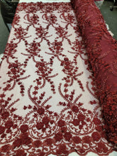 Load image into Gallery viewer, Fabric By The Yard Burgundy Beaded Lace 3d Chiffon Floral Flowers Embroidery Lace Double Scallops Bridal Evening Quinceañera Gown Prom
