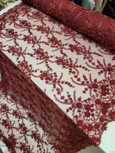 Load image into Gallery viewer, Fabric By The Yard Burgundy Beaded Lace 3d Chiffon Floral Flowers Embroidery Lace Double Scallops Bridal Evening Quinceañera Gown Prom
