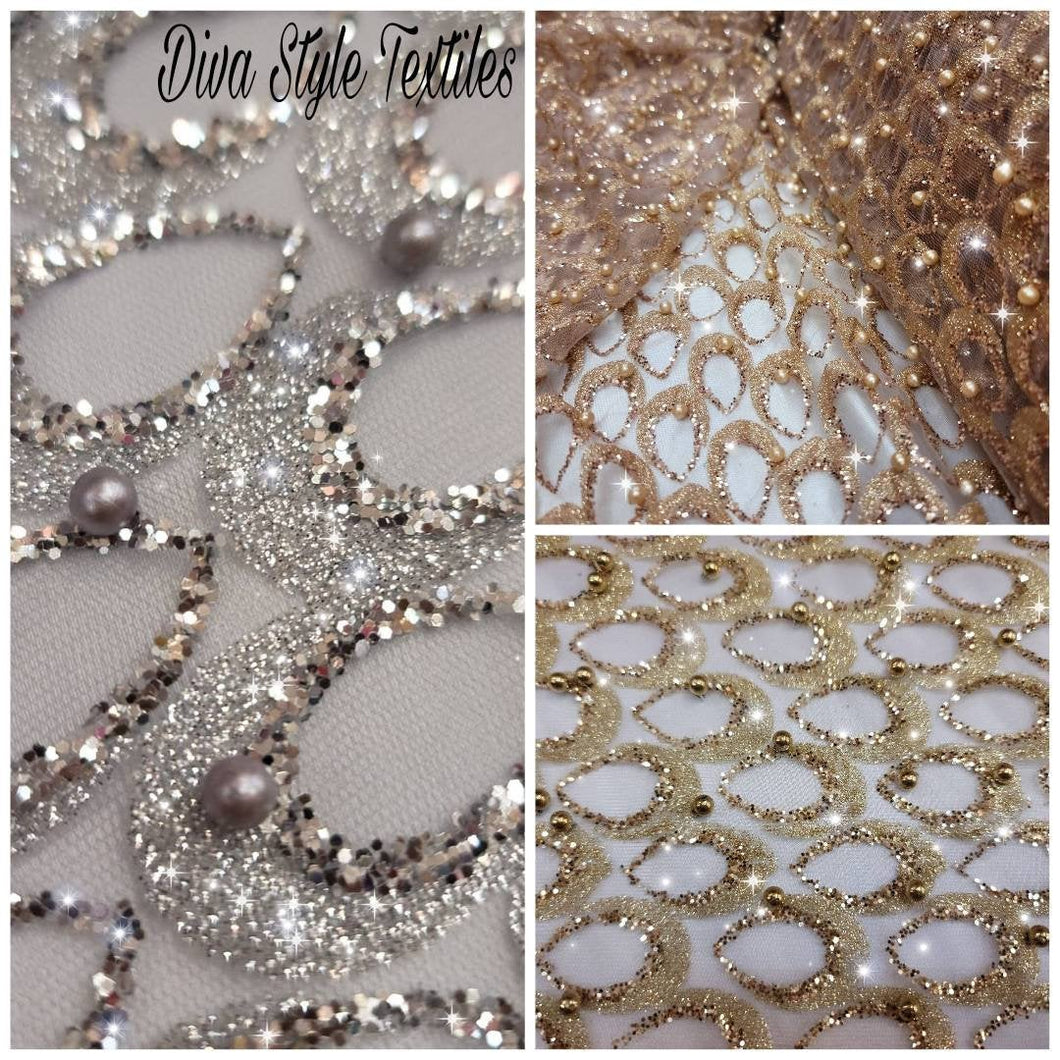 Fabric Sold By The Yard Glitter Lace Choose option Silver, Rose Gold, Gold Pearls On Mesh Shine Sparkle Lace Prom Bridal Evening Dress