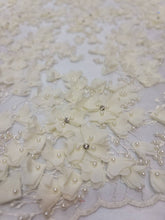 Load image into Gallery viewer, Fabric Sold By The Yard Ivory Bridal Beaded Lace 3d Chiffon Floral Flowers Embroidery Rhinestones Wedding Gown Baptism First Communion Dress
