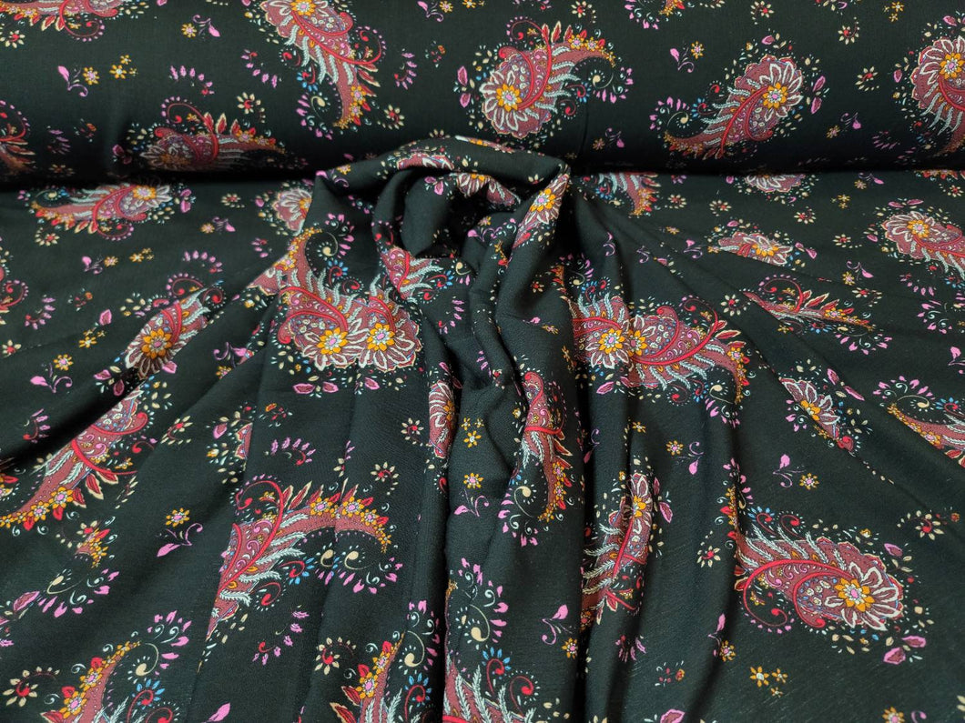 Fabric Sold By The Yard Black Background Multicolor Floral Flowers Paisley Pink Orange Red Clothing Decoration Dress Summer Dress