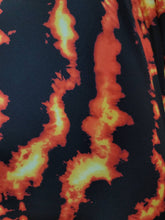 Load image into Gallery viewer, Fabric Sold By The Yard Fire On Black Stretch Spandex Fashion Clothing Dancer Custom Decoration Draping Swimwear Black Yellow Orange
