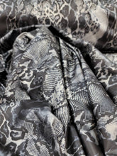 Load image into Gallery viewer, Silver Black Snake Spandex Stretch Fabric Sold by the Yard Stretch Black Fabric Clothing Animal  Print Dress Fashion Draping Background
