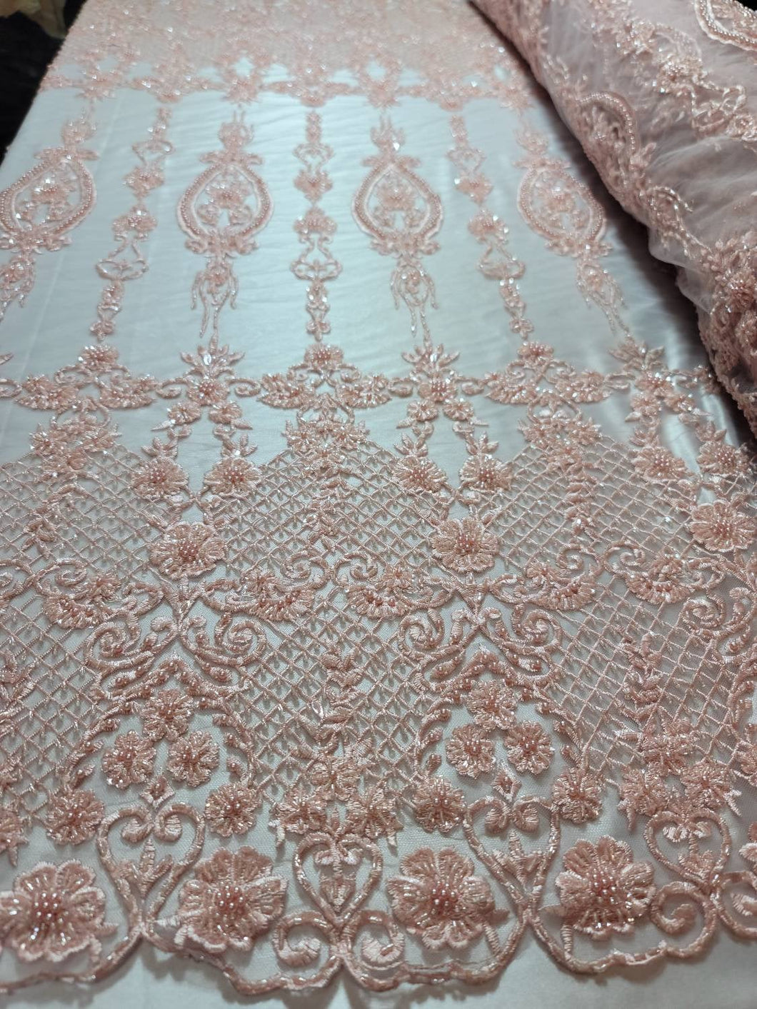 Fabric By The Yard Blush Beaded Lace Floral Flowers Sequin Double Scalloped Fashion Quinceañera Bridal Evening Gown Apparel Dress