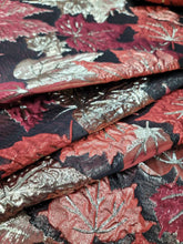 Load image into Gallery viewer, Fabric Sold By The Yard Brocade Jacquard Fashion Fabric Textured Metallic Butgundy Gold Mapple Leaves Black Background
