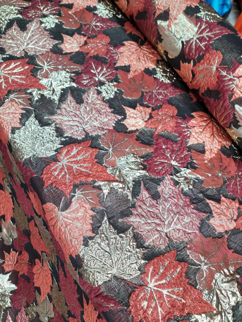 Fabric Sold By The Yard Brocade Jacquard Fashion Fabric Textured Metallic Butgundy Gold Mapple Leaves Black Background